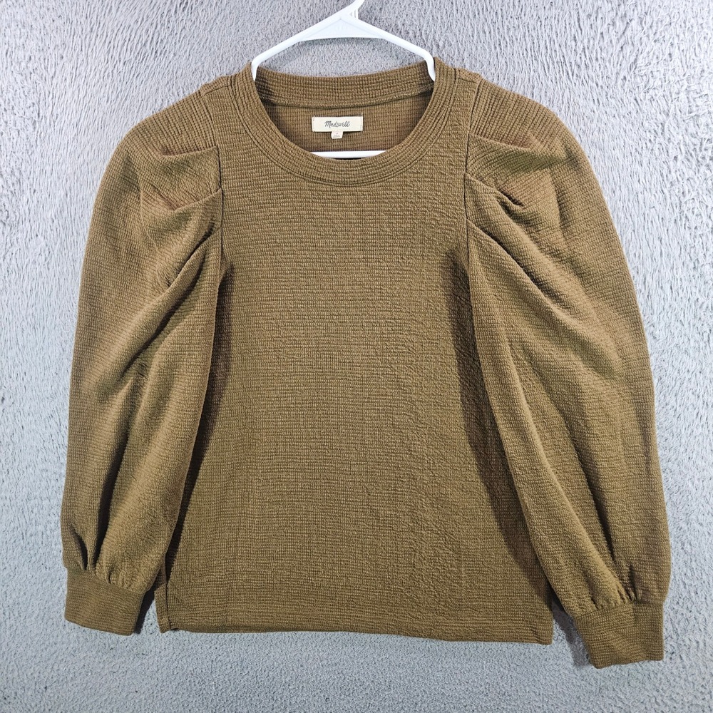 Madewell Womens Small Brown Waffle Knit Puff Sleeve Top Pleated Shoulder